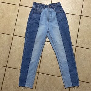 Stradivarius straight leg contrast two tone jeans with raw hem in blue